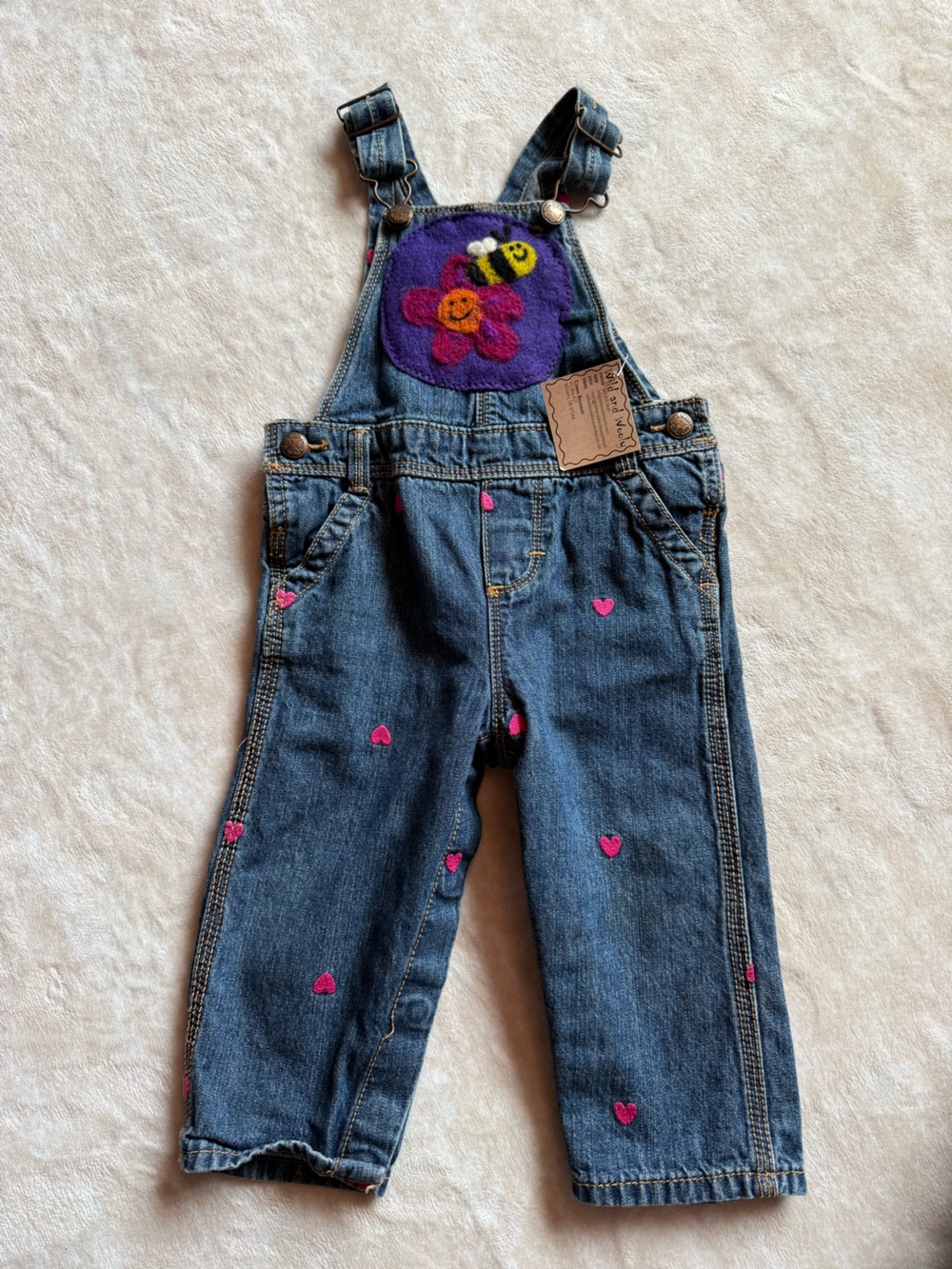 Girls' Embroidered Heart Denim overalls with Flower Patch